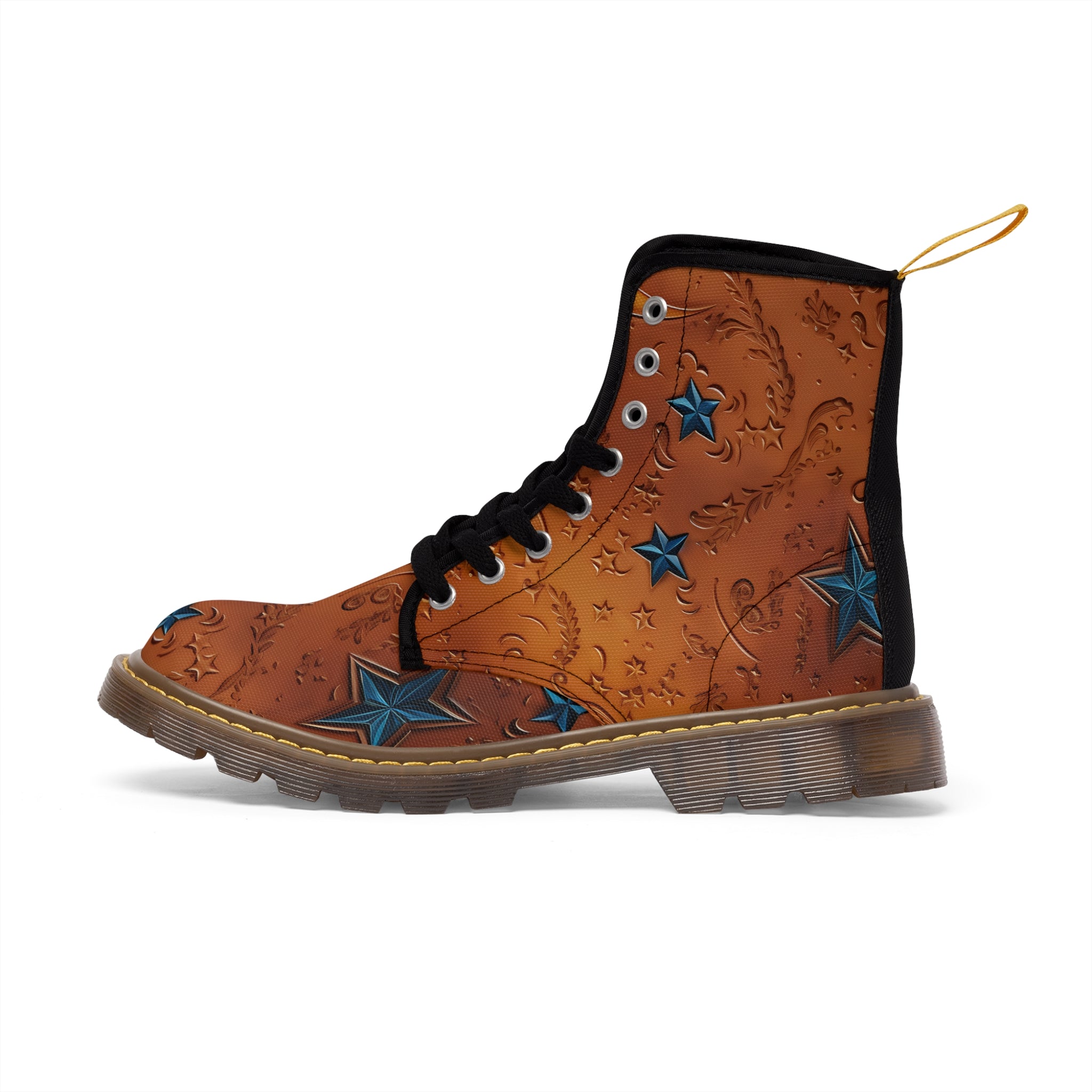 Women's Leather Look Brown With Blue Stars Canvas Boots