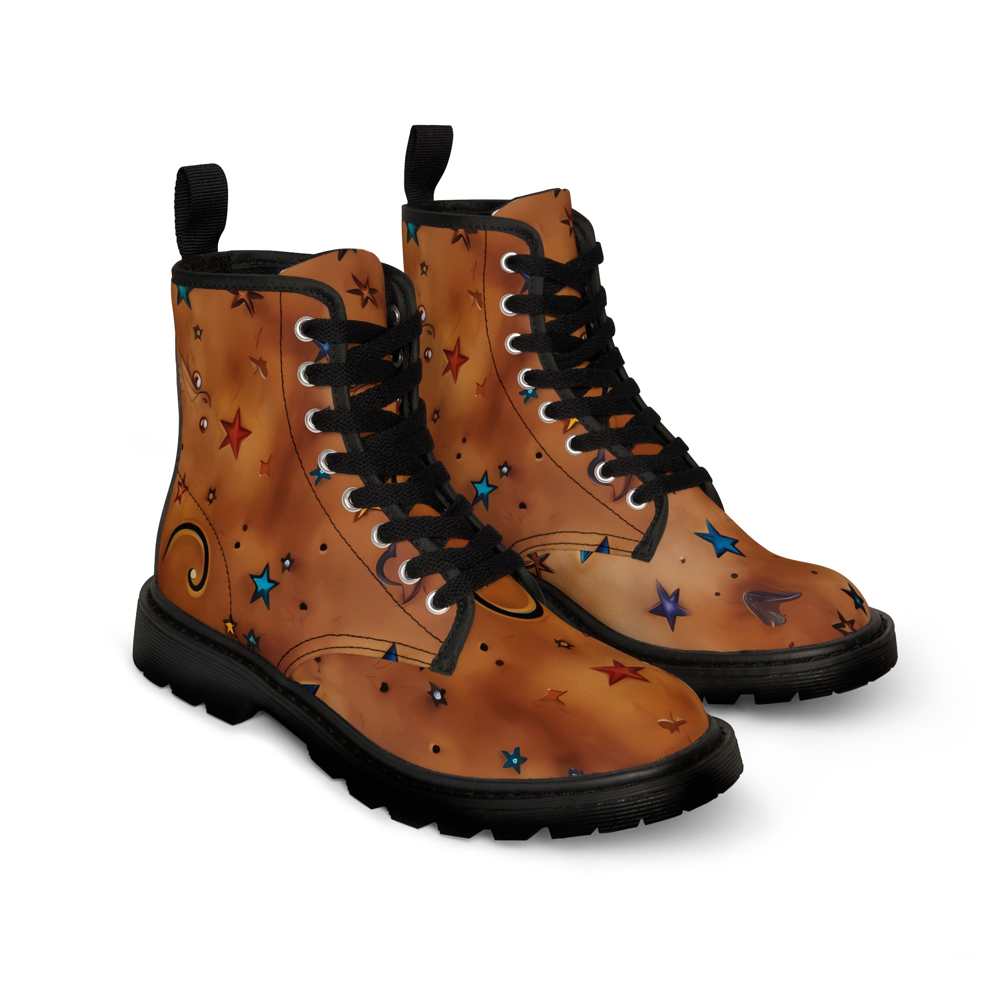 Women's Leather Look Brown With Stars Canvas Boots