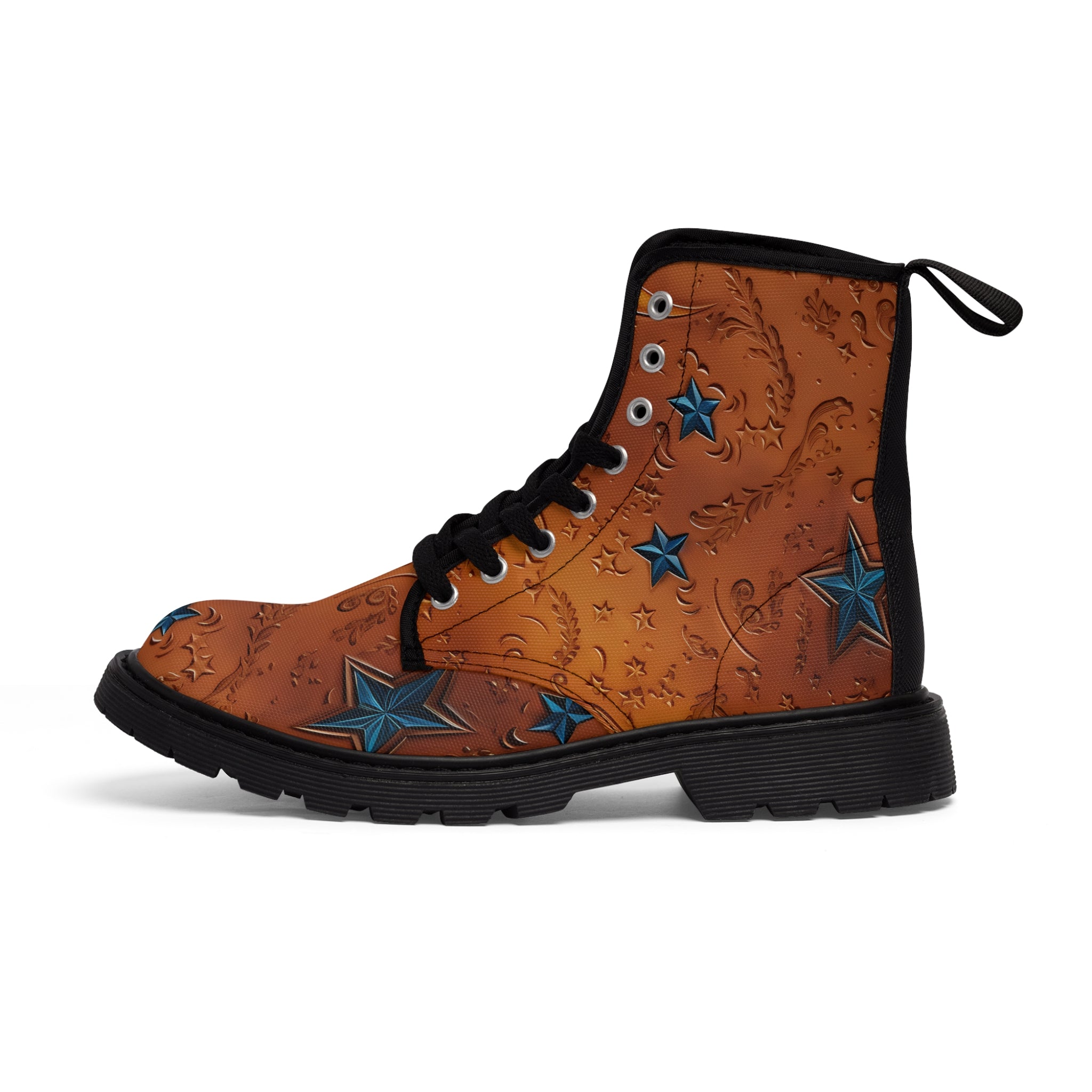 Women's Leather Look Brown With Blue Stars Canvas Boots