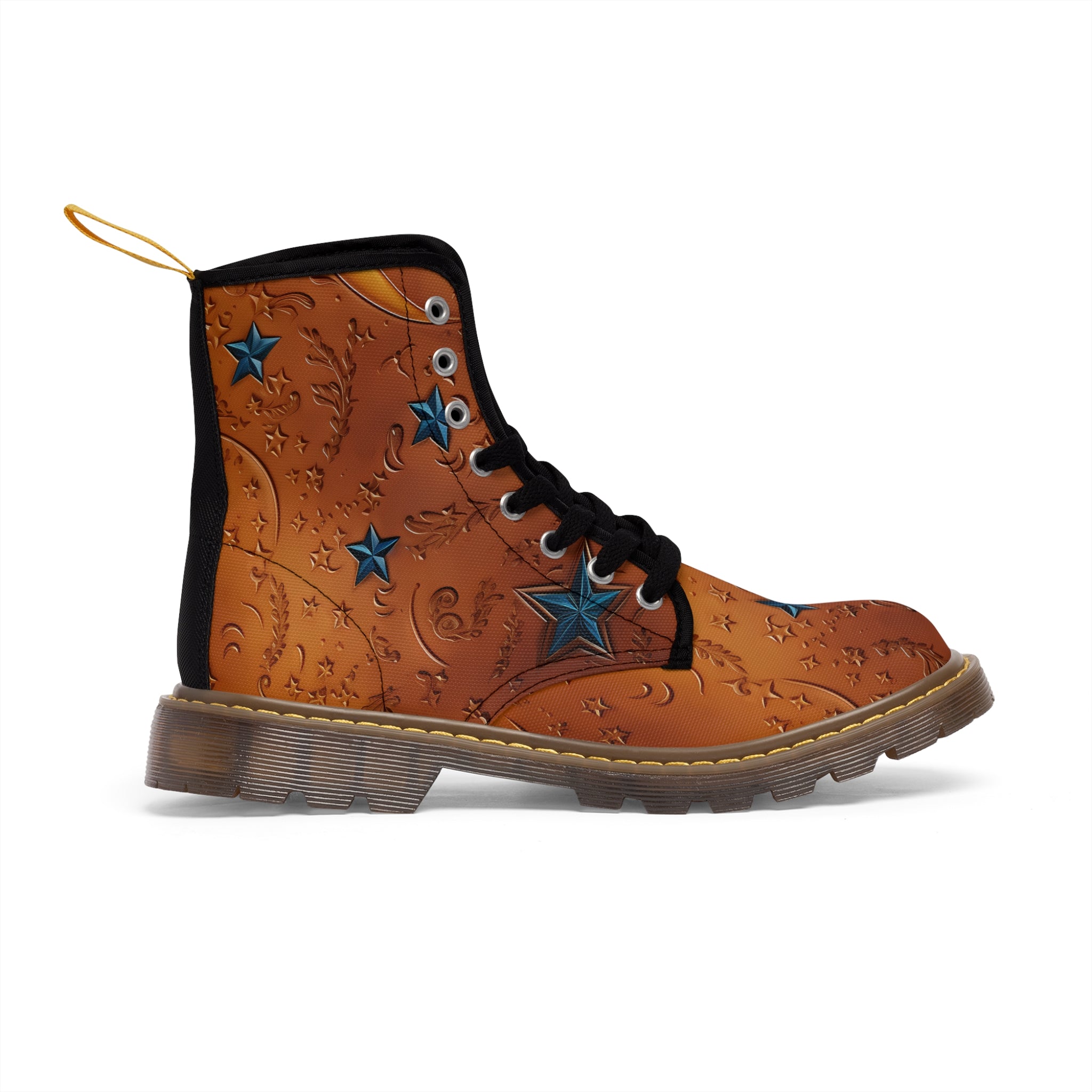 Women's Leather Look Brown With Blue Stars Canvas Boots