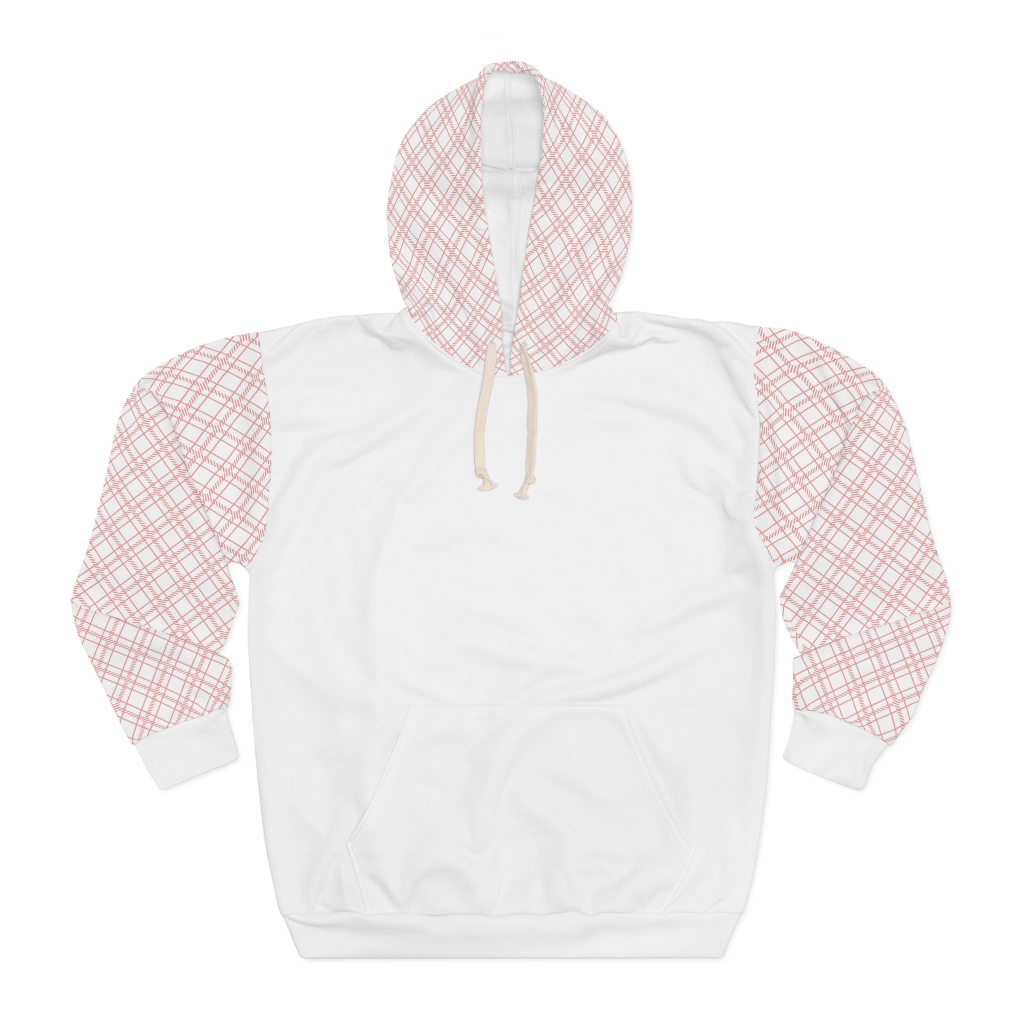 White With Pink Plaid Warm Unisex Pullover Hoodie (AOP)