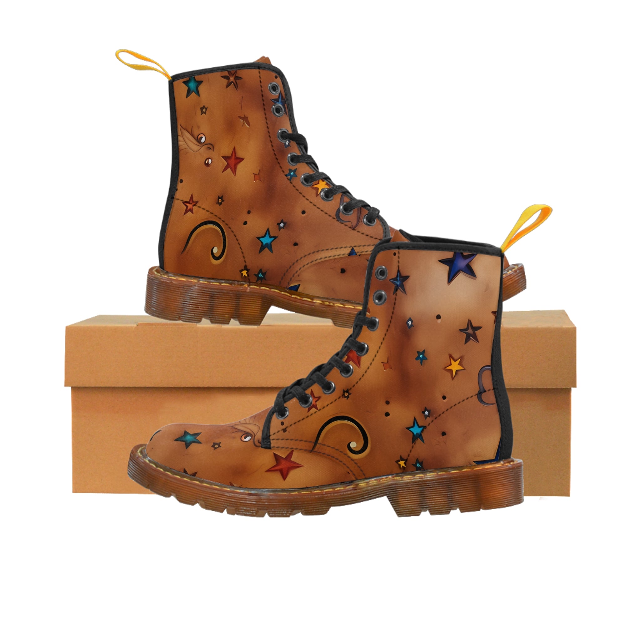 Women's Leather Look Brown With Stars Canvas Boots