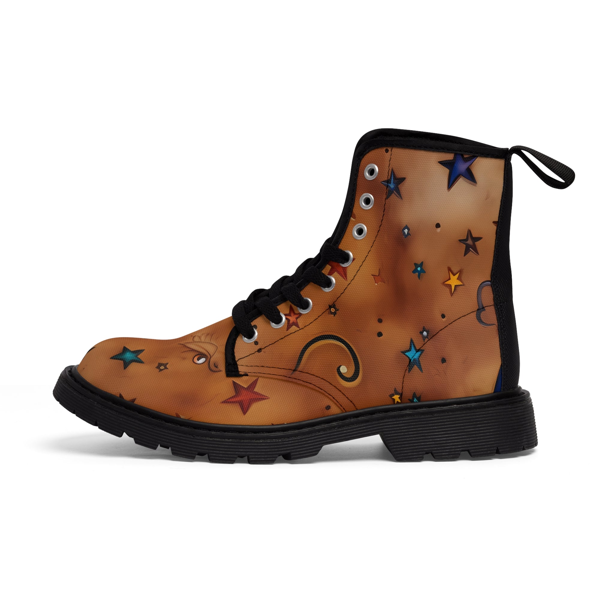 Women's Leather Look Brown With Stars Canvas Boots