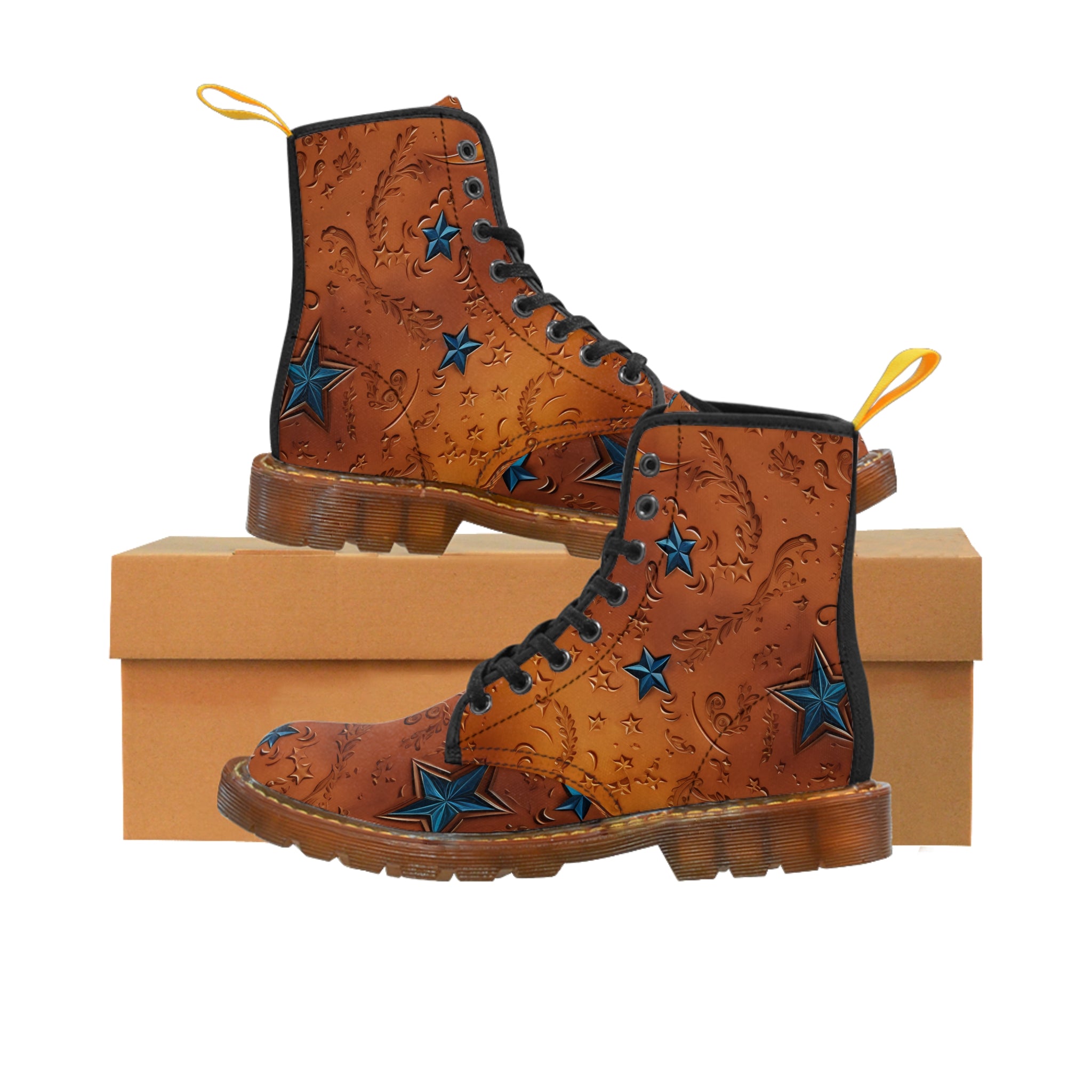 Women's Leather Look Brown With Blue Stars Canvas Boots