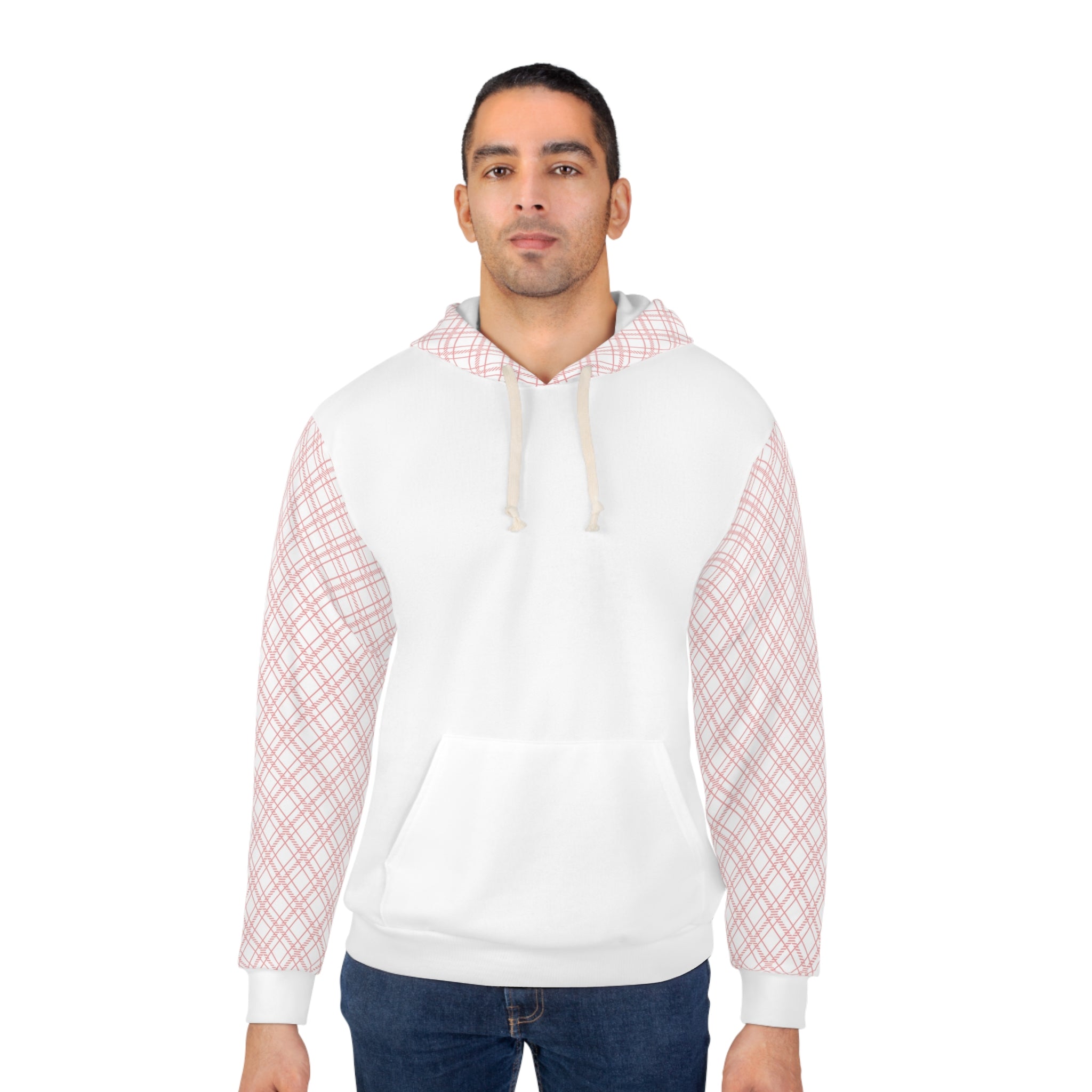 White With Pink Plaid Warm Unisex Pullover Hoodie (AOP)