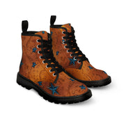 Women's Leather Look Brown With Blue Stars Canvas Boots