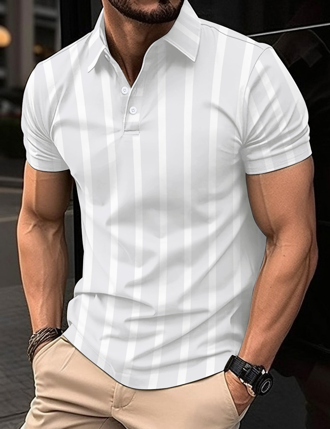 Men's Button Polo Shirt Striped Printed Short Sleeve