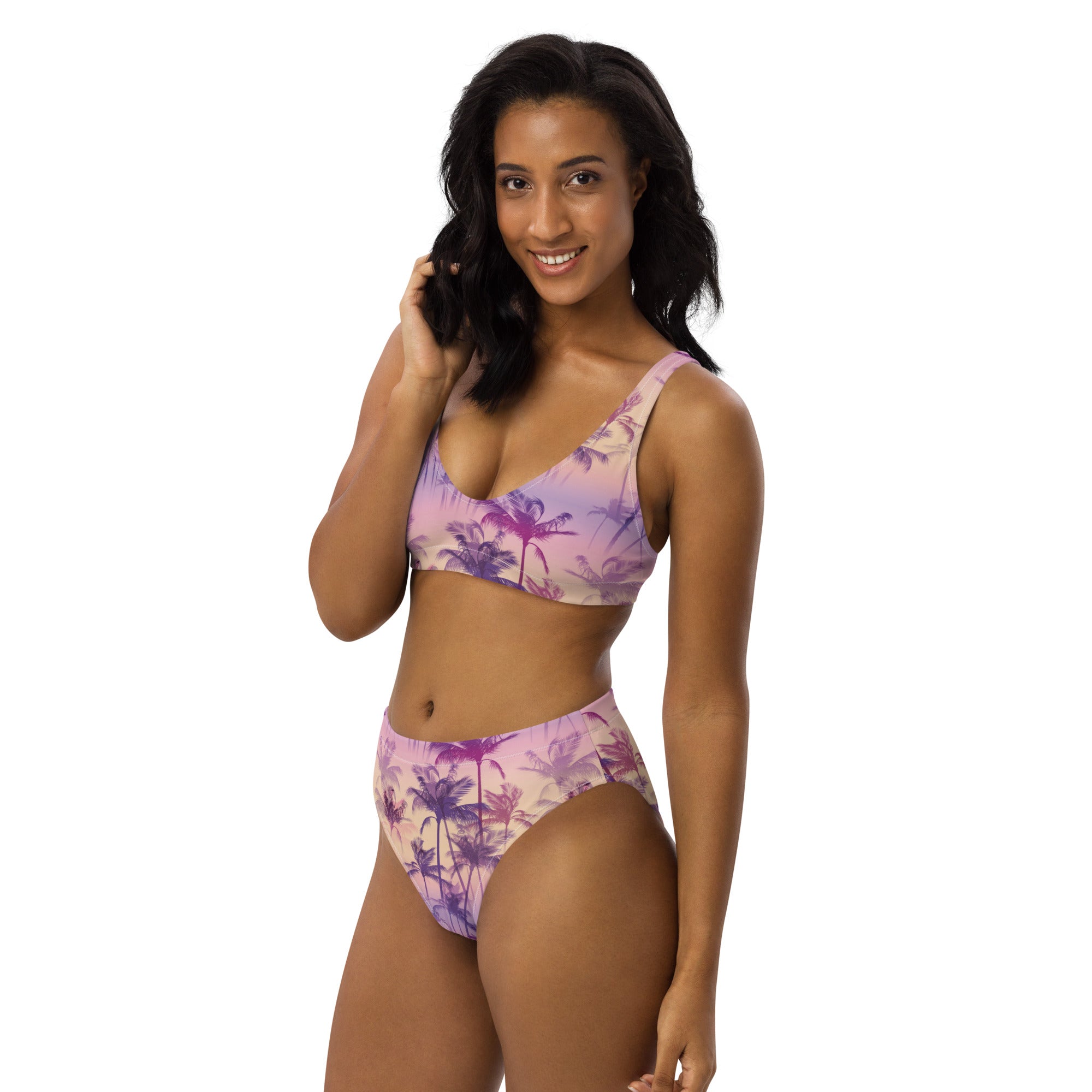 Fresh Designs Pink & Purple Palm Recycled High-Waisted Bikini