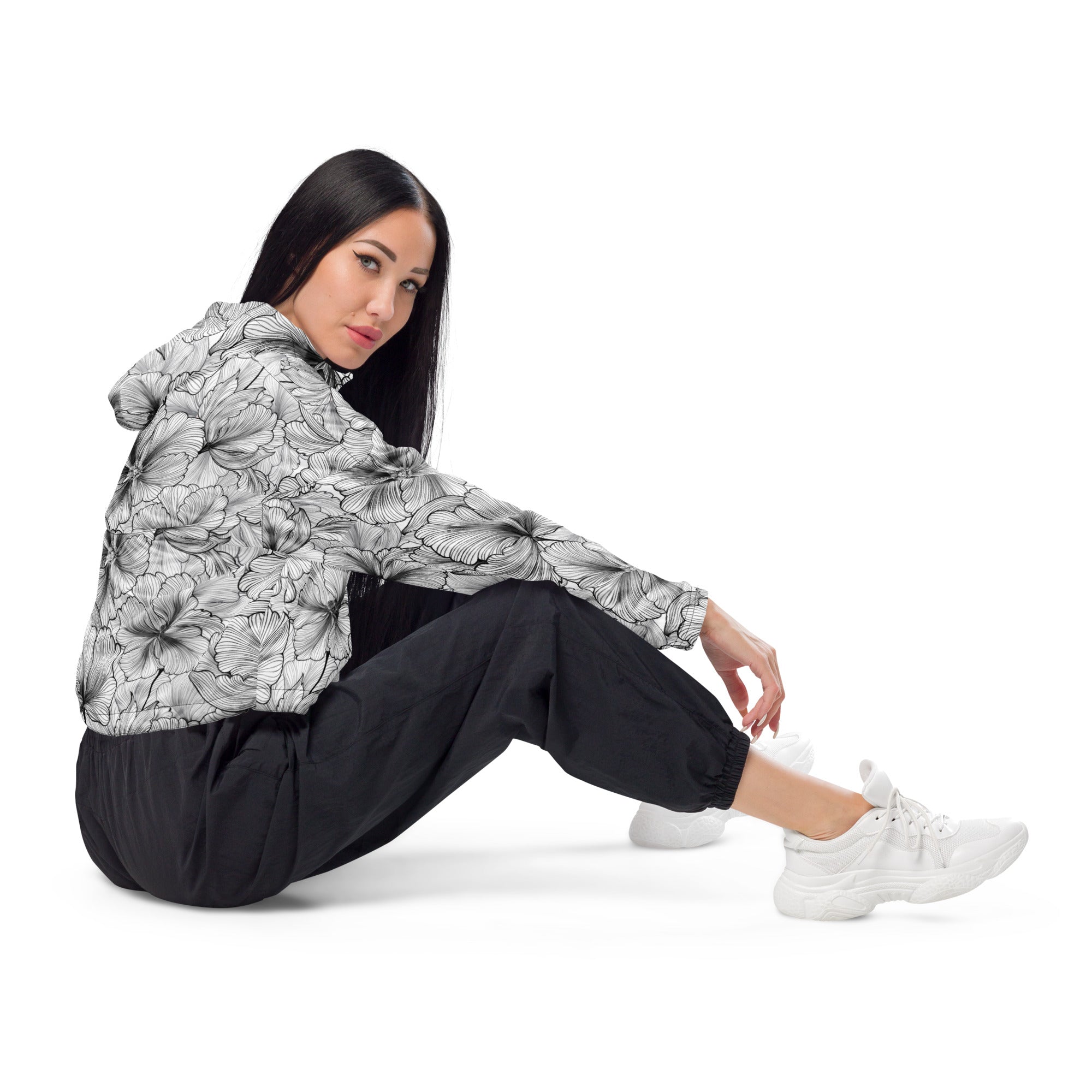 Black And White Floral Women’s Cropped Windbreaker