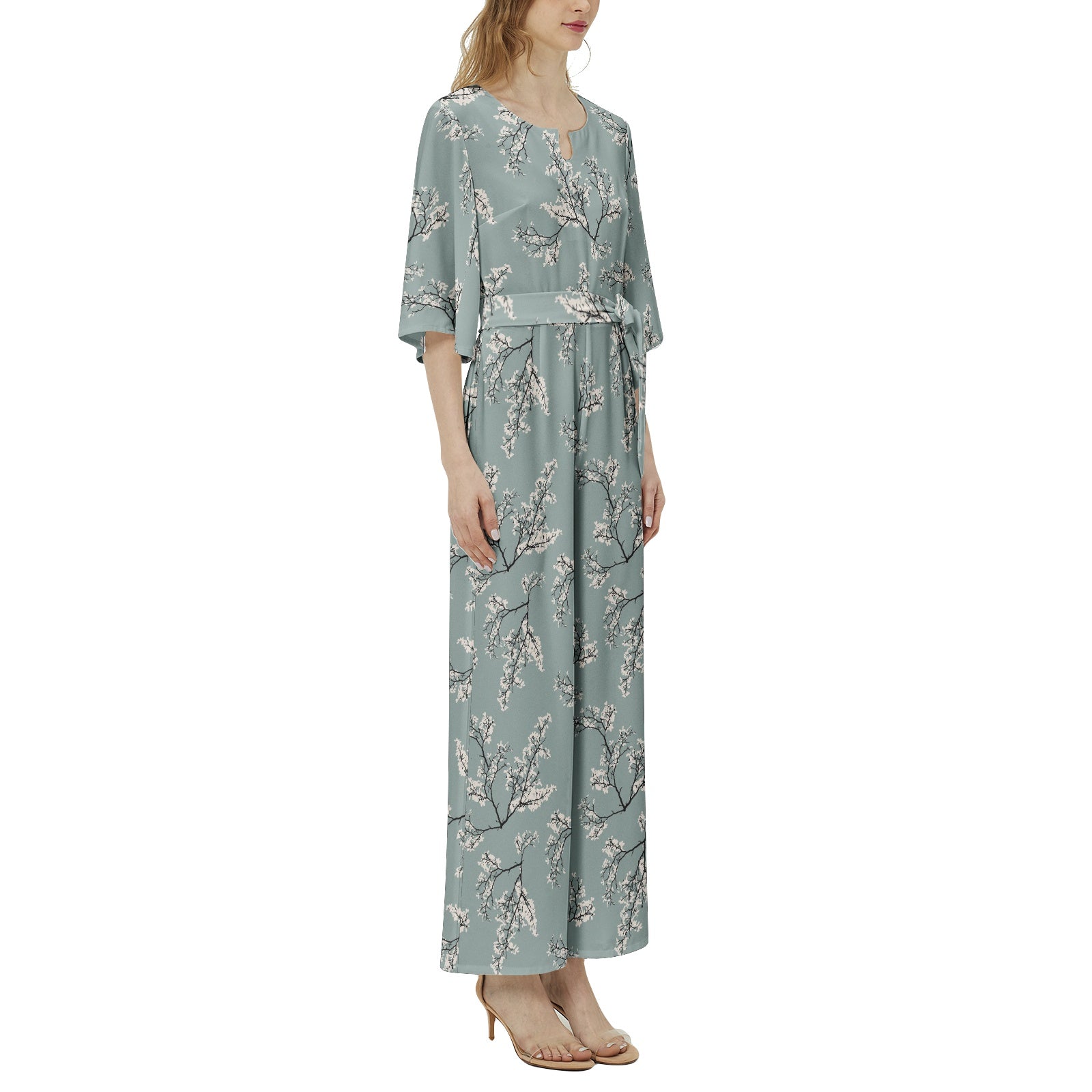 Floral Dolman Sleeve Belted Wide Leg Jumpsuit